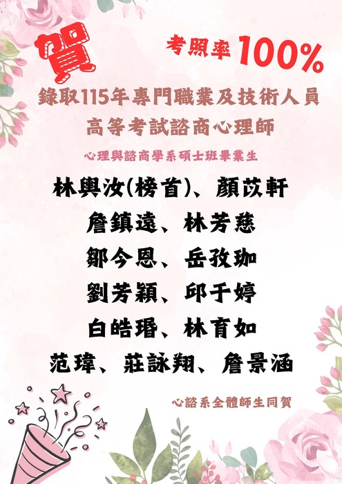 賀!! 心諮系碩士班畢業生考取115年諮商心理師圖片